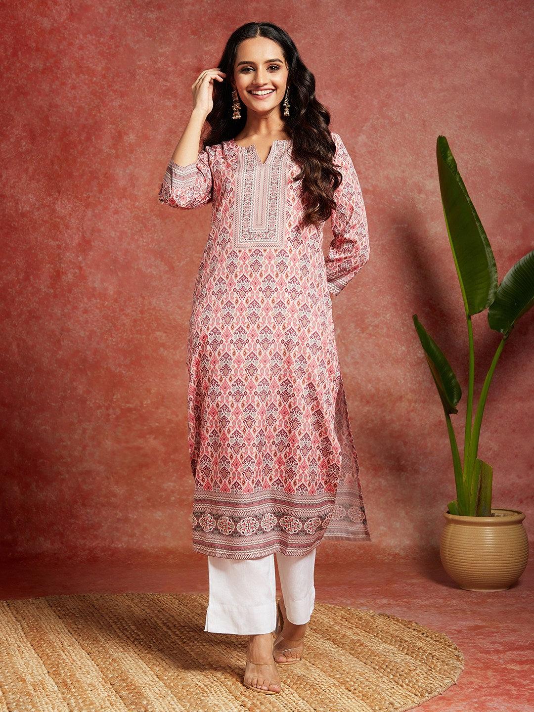 Pink Printed Crepe Straight Kurta - Libas 