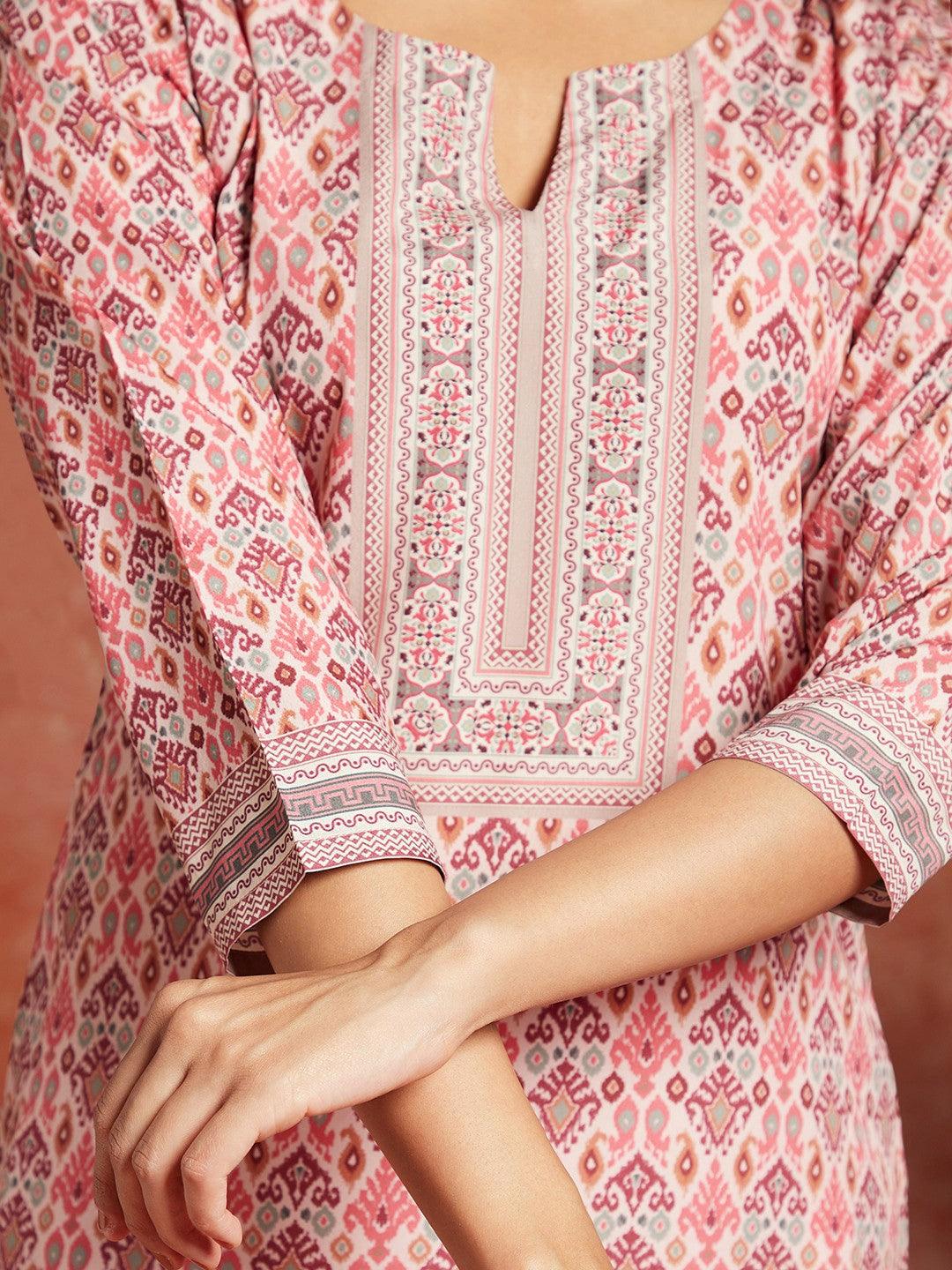 Pink Printed Crepe Straight Kurta - Libas