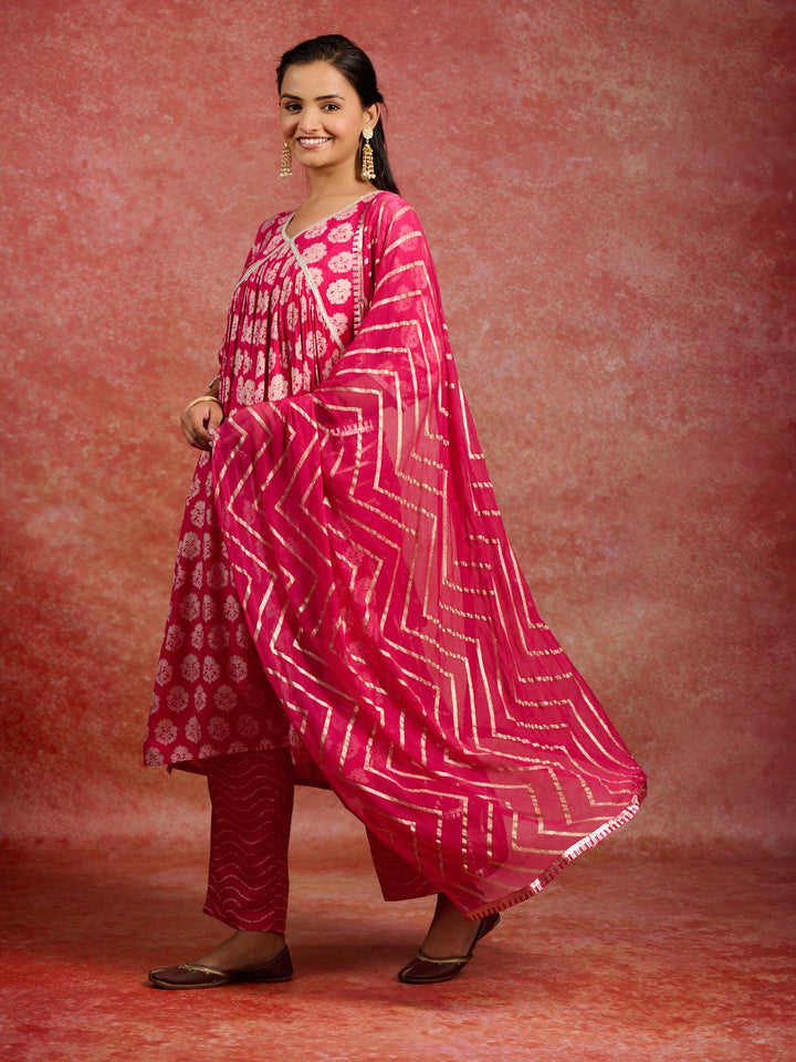 Pink Printed Silk Blend A-Line Kurta With Trousers & Dupatta - Libas