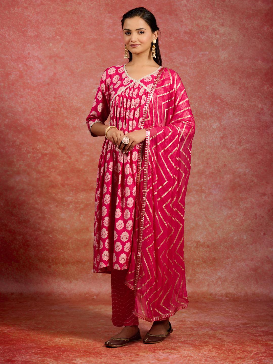 Pink Printed Silk Blend A-Line Kurta With Trousers & Dupatta - Libas