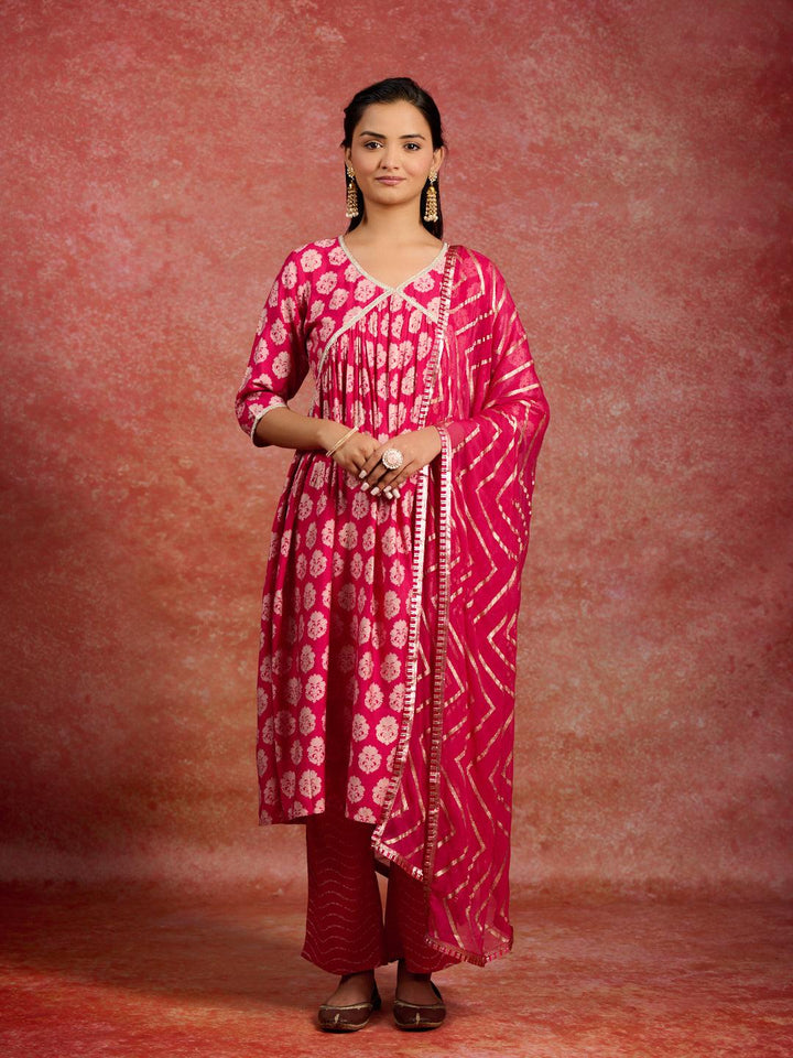 Pink Printed Silk Blend A-Line Kurta With Trousers & Dupatta - Libas