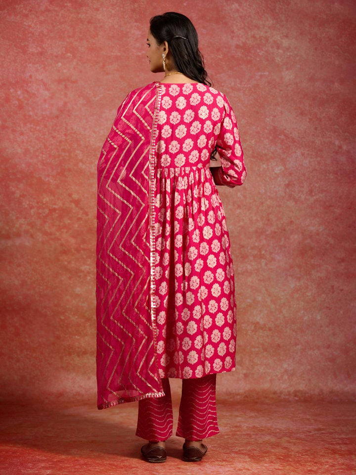 Pink Printed Silk Blend A-Line Kurta With Trousers & Dupatta - Libas