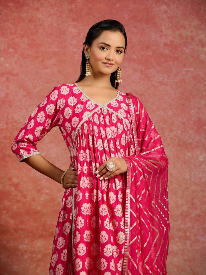 Pink Printed Silk Blend A-Line Kurta With Trousers & Dupatta - Libas