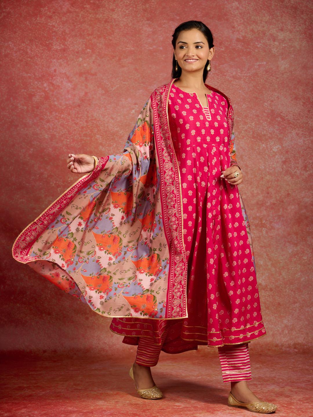 Pink Printed Silk Blend Anarkali Kurta With Trousers & Dupatta - Libas 