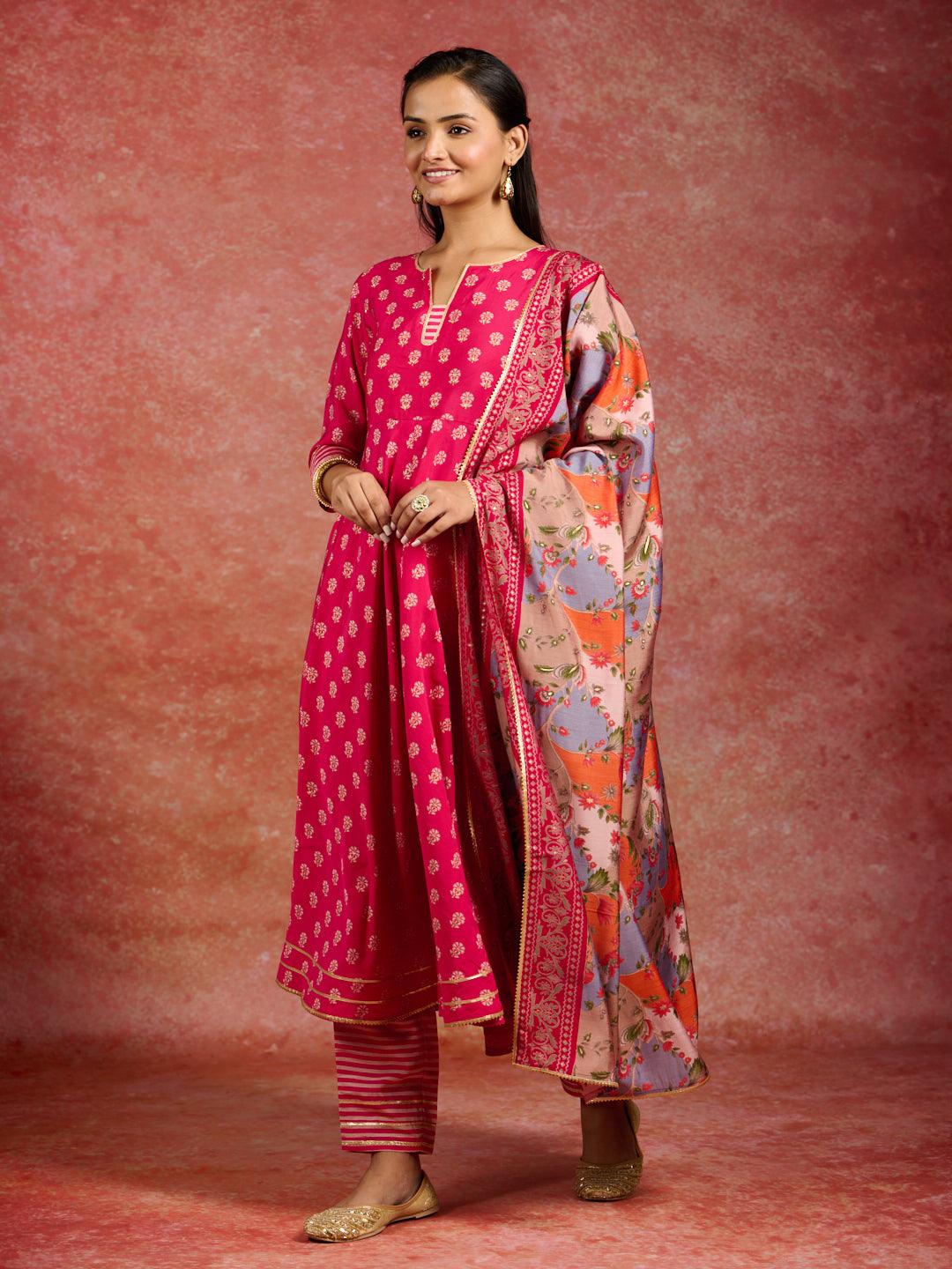 Pink Printed Silk Blend Anarkali Kurta With Trousers & Dupatta - Libas 