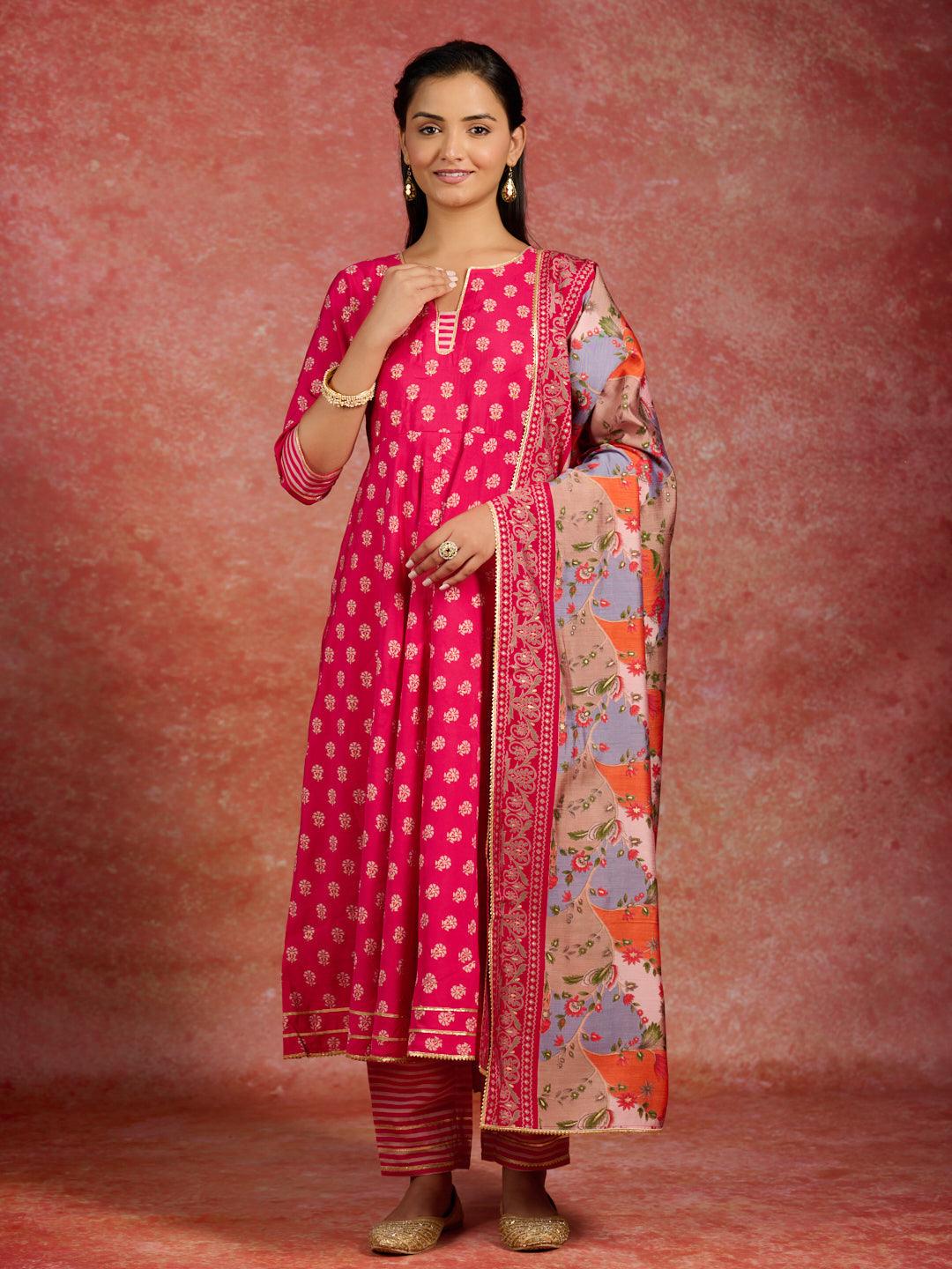 Pink Printed Silk Blend Anarkali Kurta With Trousers & Dupatta - Libas 