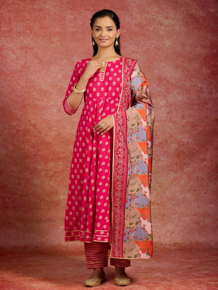 Pink Printed Silk Blend Anarkali Kurta With Trousers & Dupatta - Libas