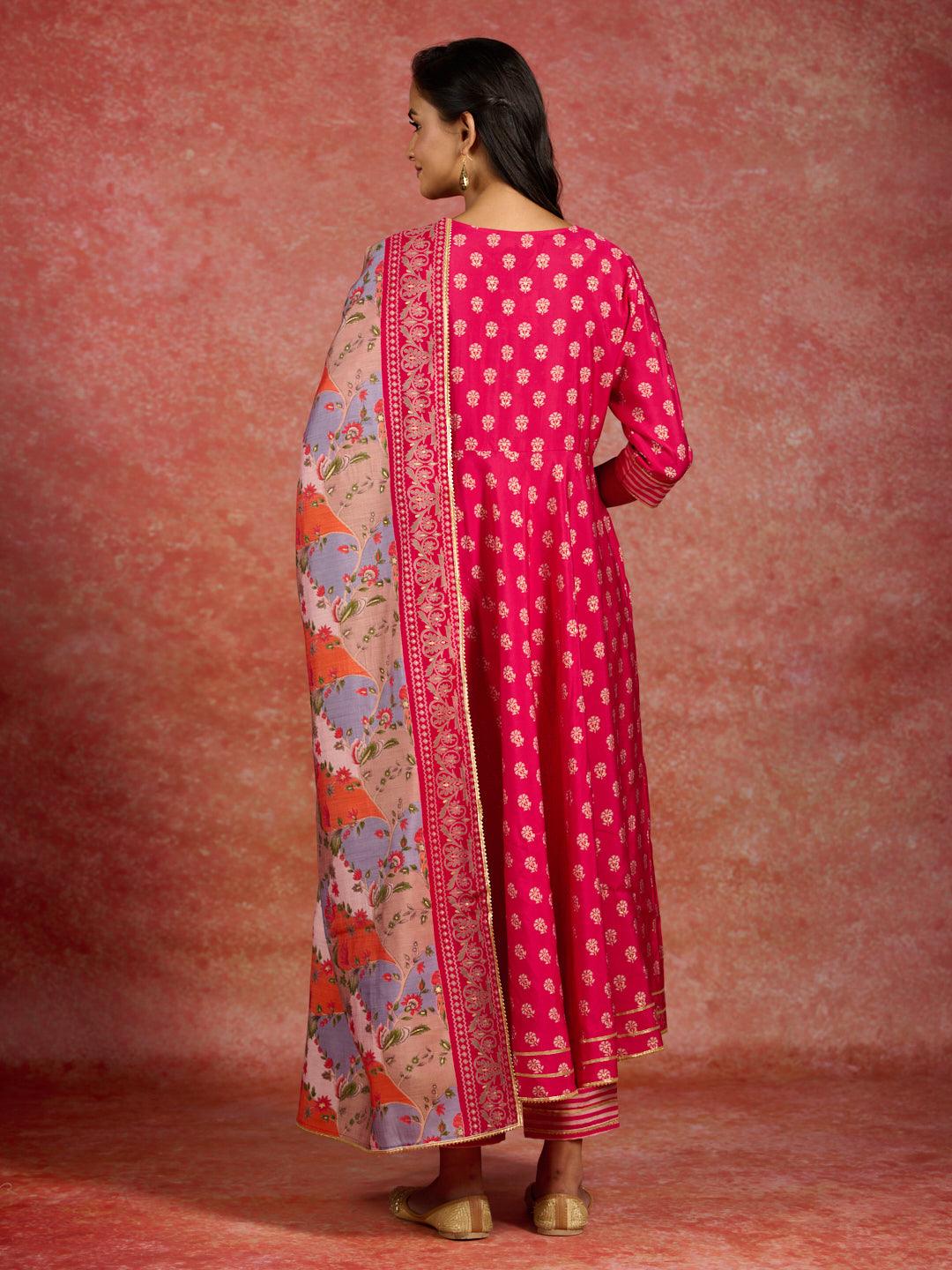 Pink Printed Silk Blend Anarkali Kurta With Trousers & Dupatta - Libas 