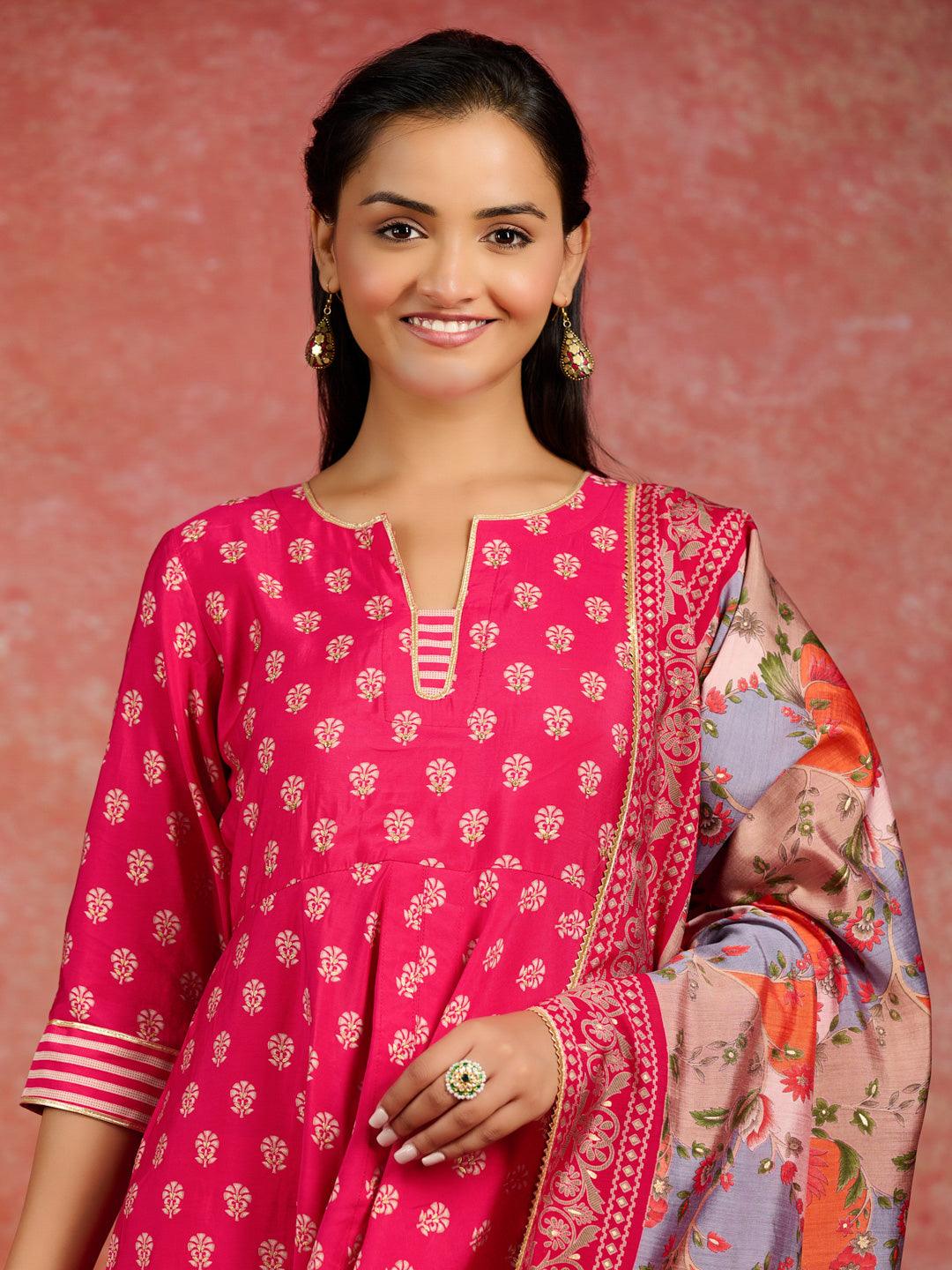 Pink Printed Silk Blend Anarkali Kurta With Trousers & Dupatta - Libas 