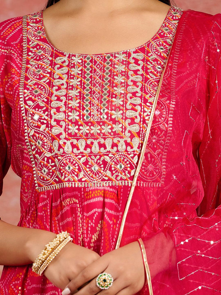 Pink Printed Silk Blend Anarkali Kurta With Trousers & Dupatta - Libas