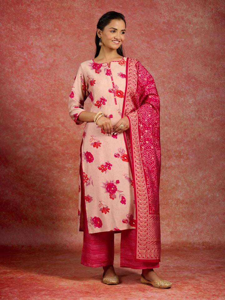 Pink Printed Silk Blend Straight Kurta With Palazzos & Dupatta - Libas