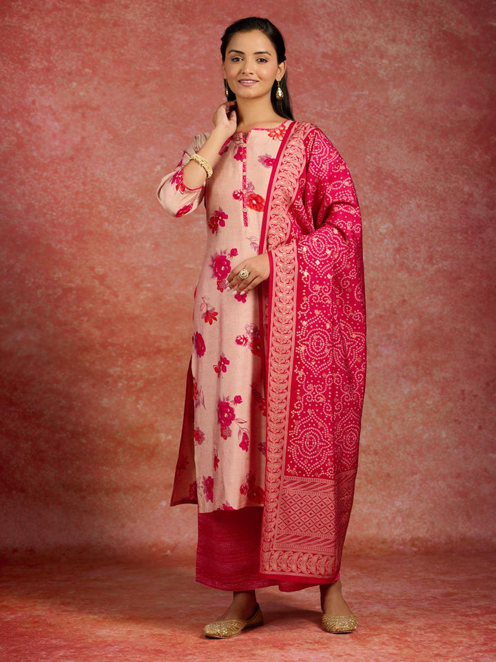 Pink Printed Silk Blend Straight Kurta With Palazzos & Dupatta - Libas