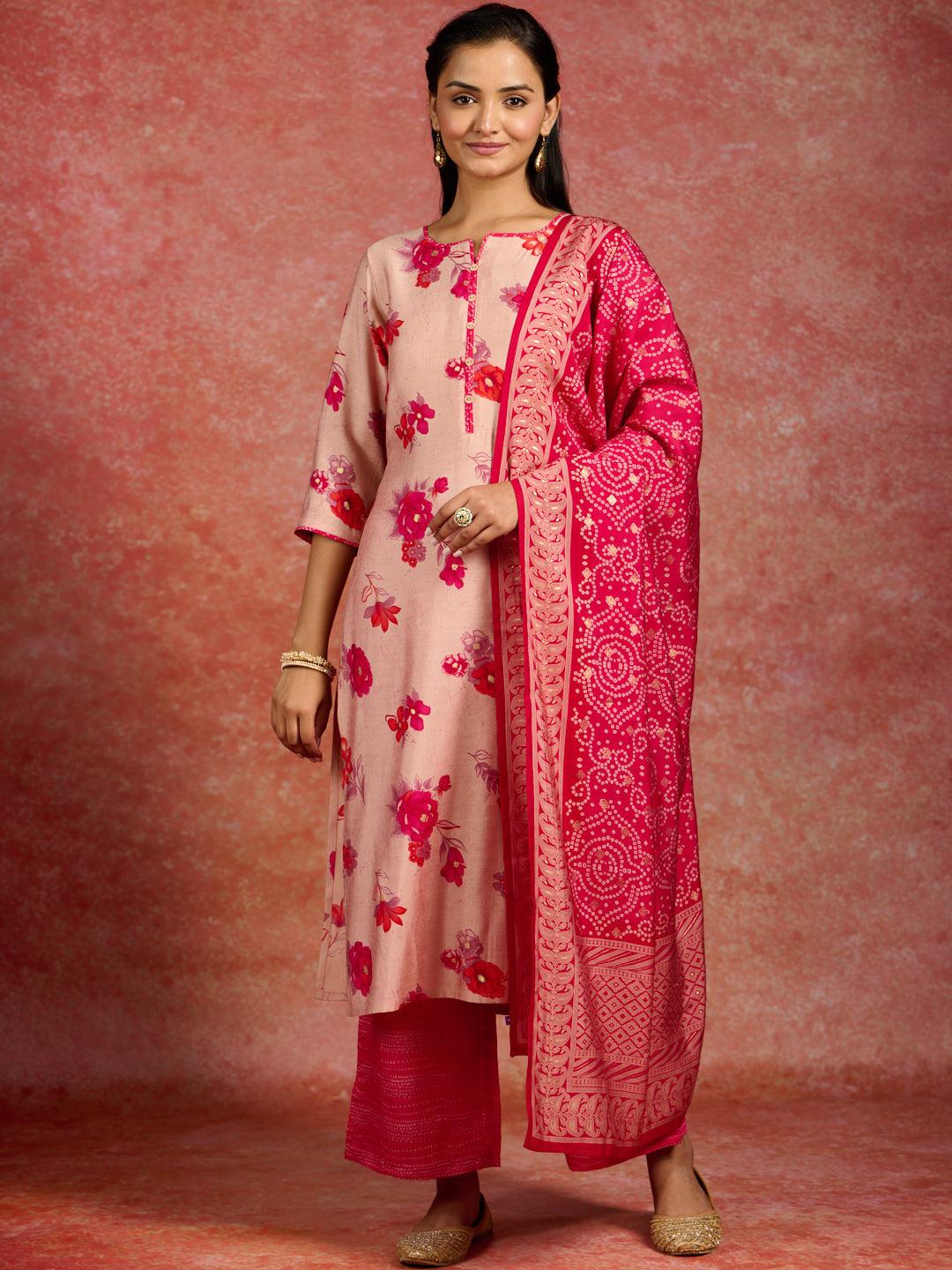 Pink Printed Silk Blend Straight Kurta With Palazzos & Dupatta - Libas