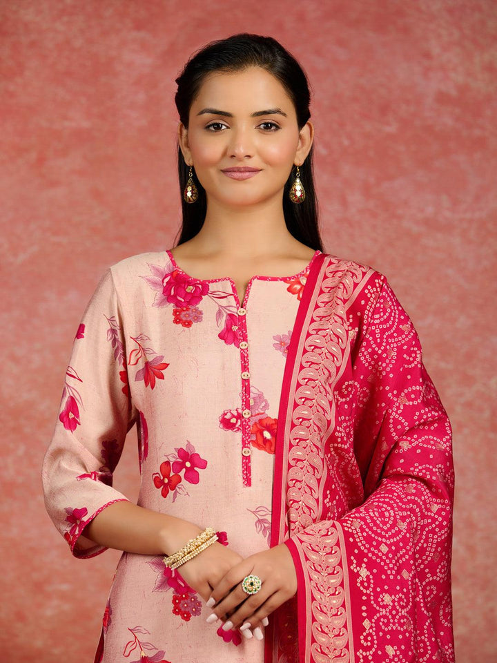 Pink Printed Silk Blend Straight Kurta With Palazzos & Dupatta - Libas