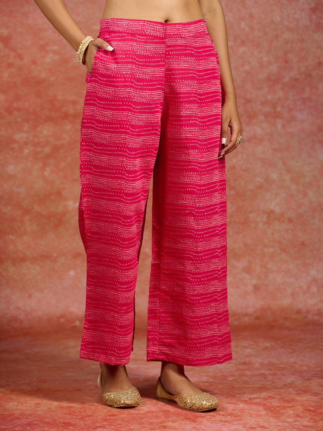 Pink Printed Silk Blend Straight Kurta With Palazzos & Dupatta - Libas