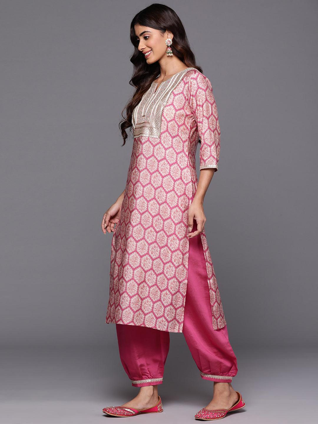 Pink Printed Silk Blend Straight Kurta With Salwar & Dupatta - Libas