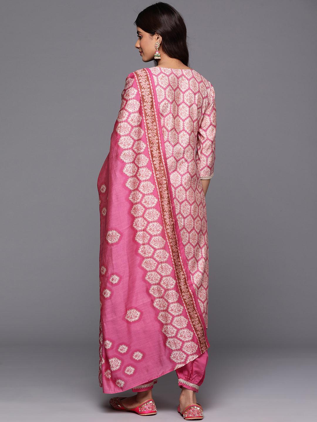 Pink Printed Silk Blend Straight Kurta With Salwar & Dupatta - Libas