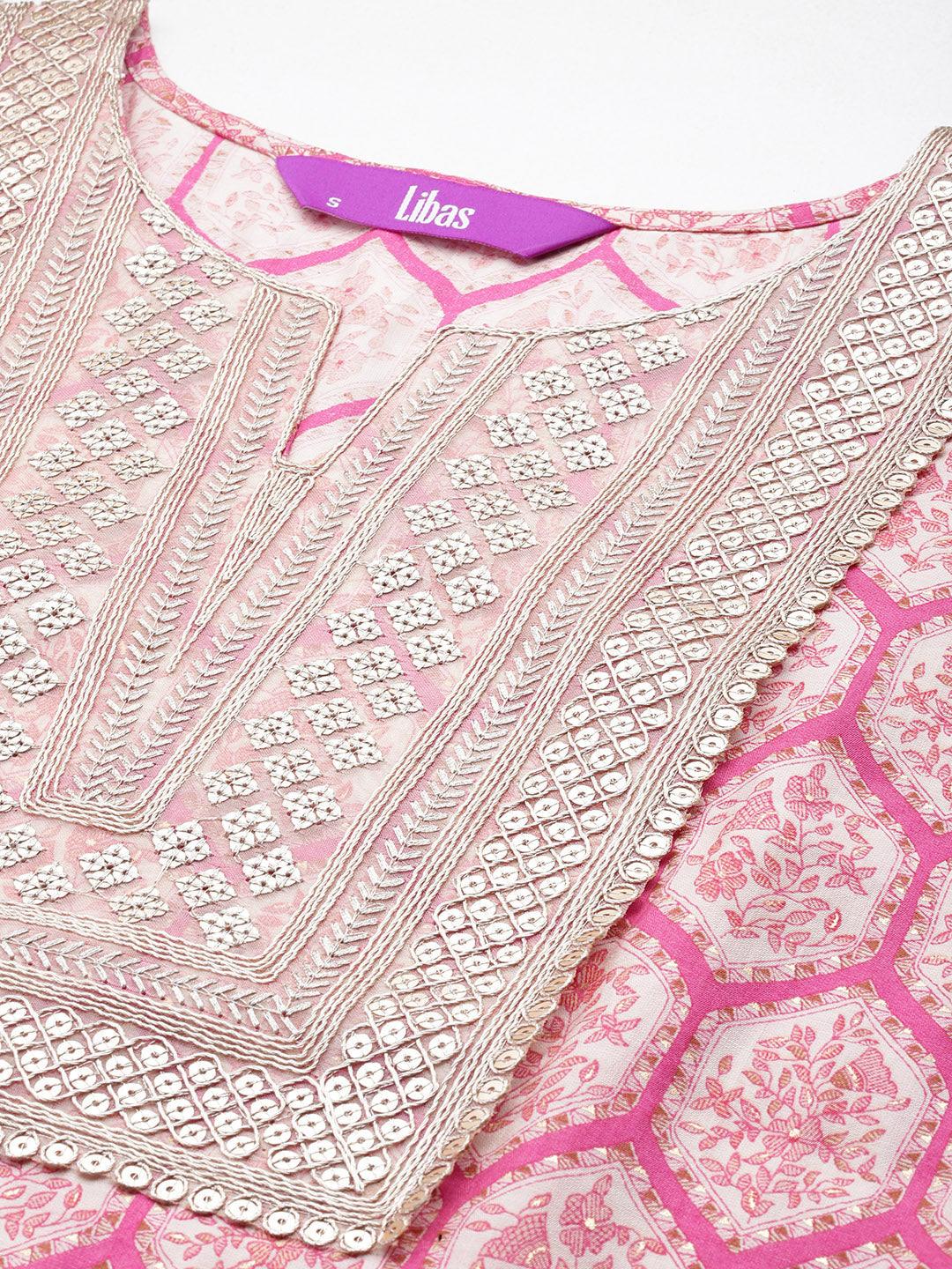 Pink Printed Silk Blend Straight Kurta With Salwar & Dupatta - Libas