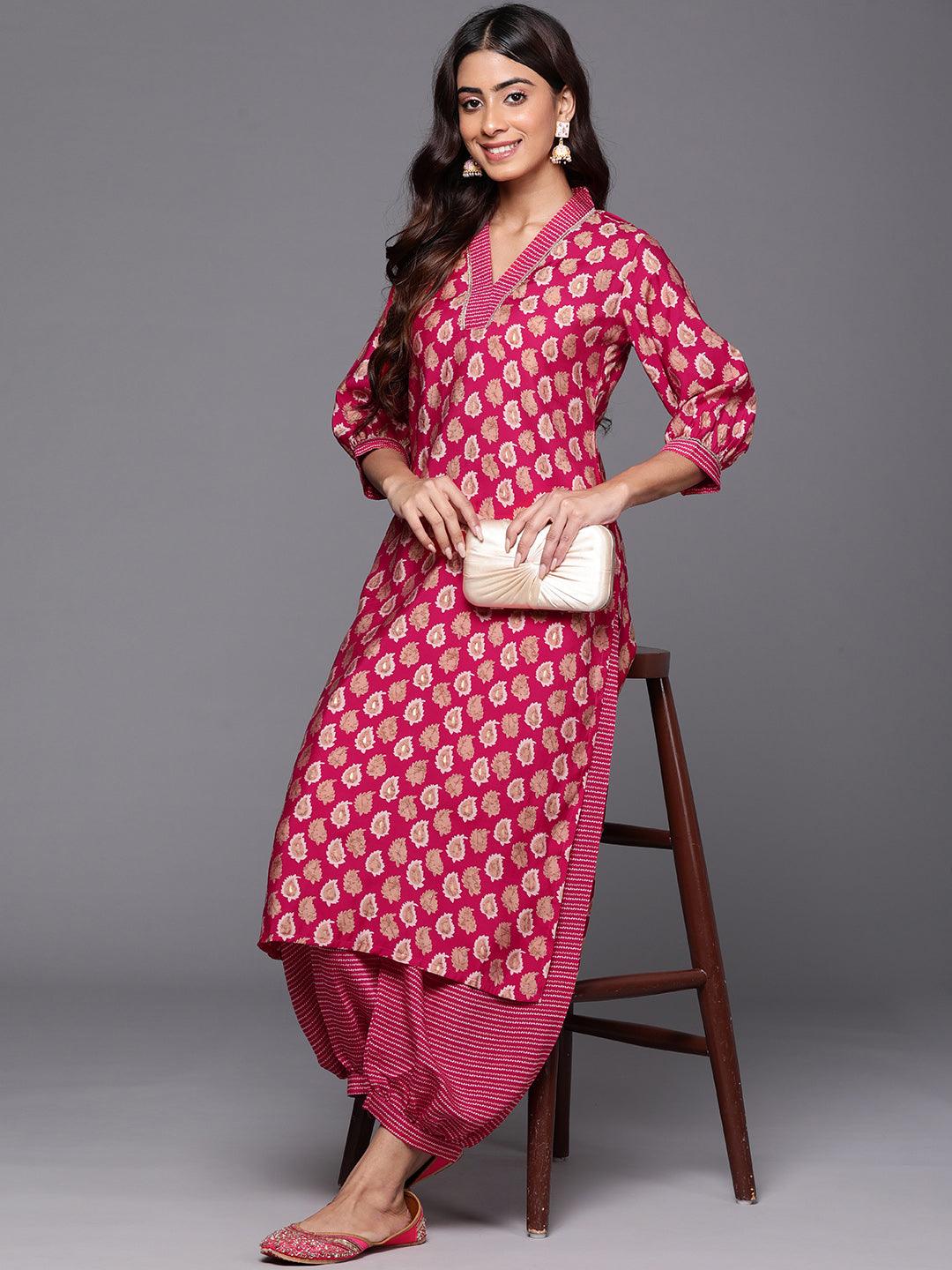 Pink Printed Silk Blend Straight Kurta With Salwar - Libas