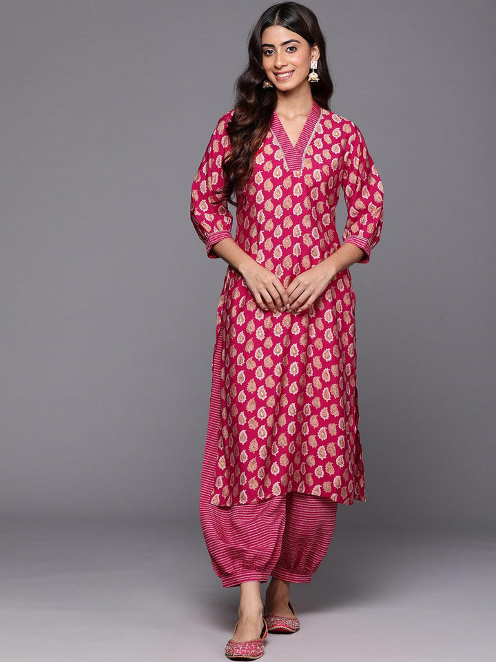 Pink Printed Silk Blend Straight Kurta With Salwar - Libas