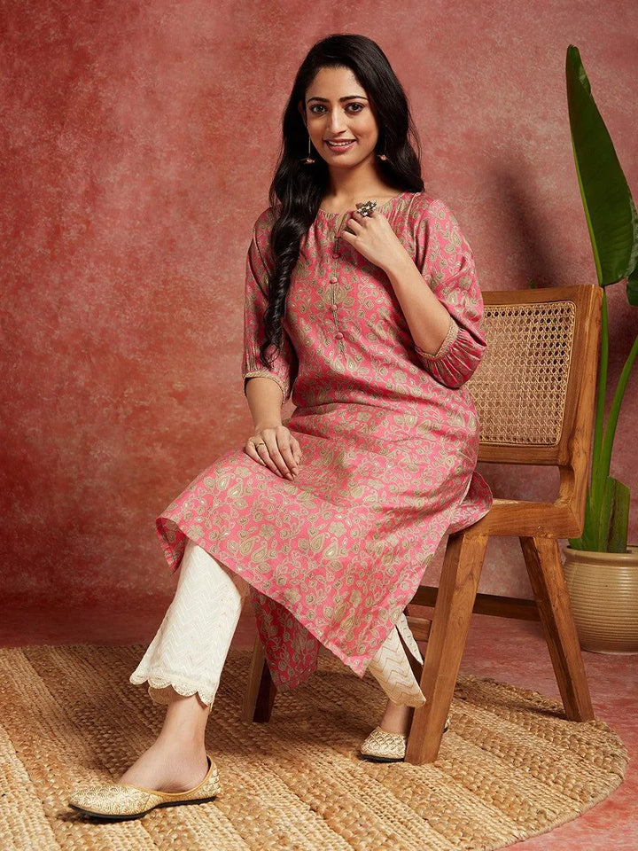 Pink Printed Silk Straight Kurta - Libas