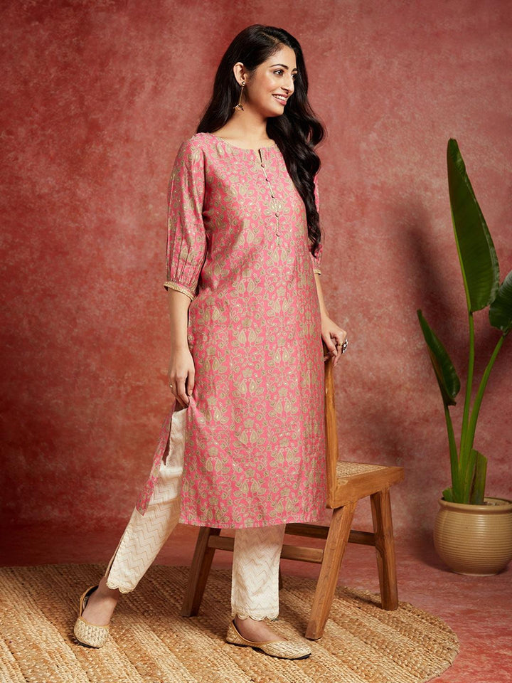 Pink Printed Silk Straight Kurta - Libas