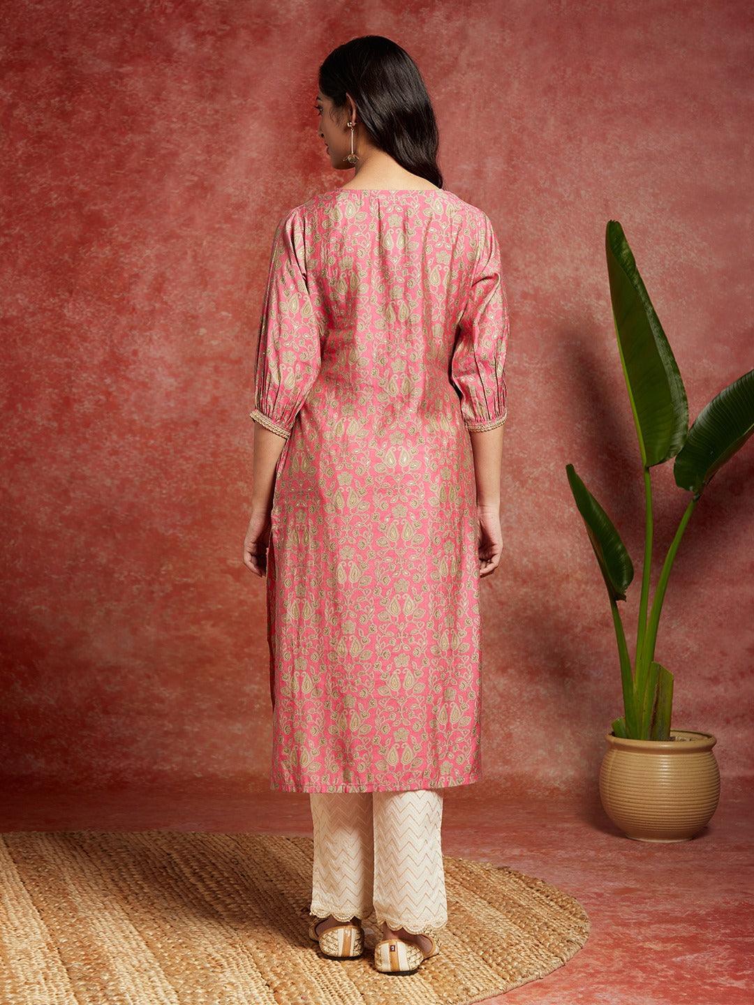 Pink Printed Silk Straight Kurta - Libas