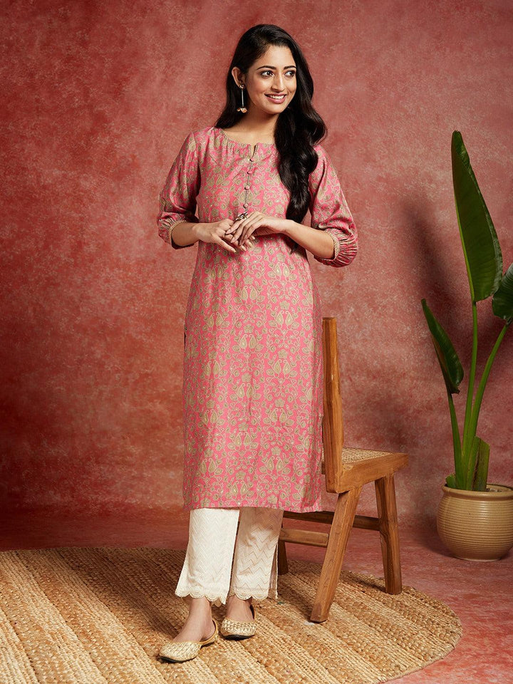 Pink Printed Silk Straight Kurta - Libas