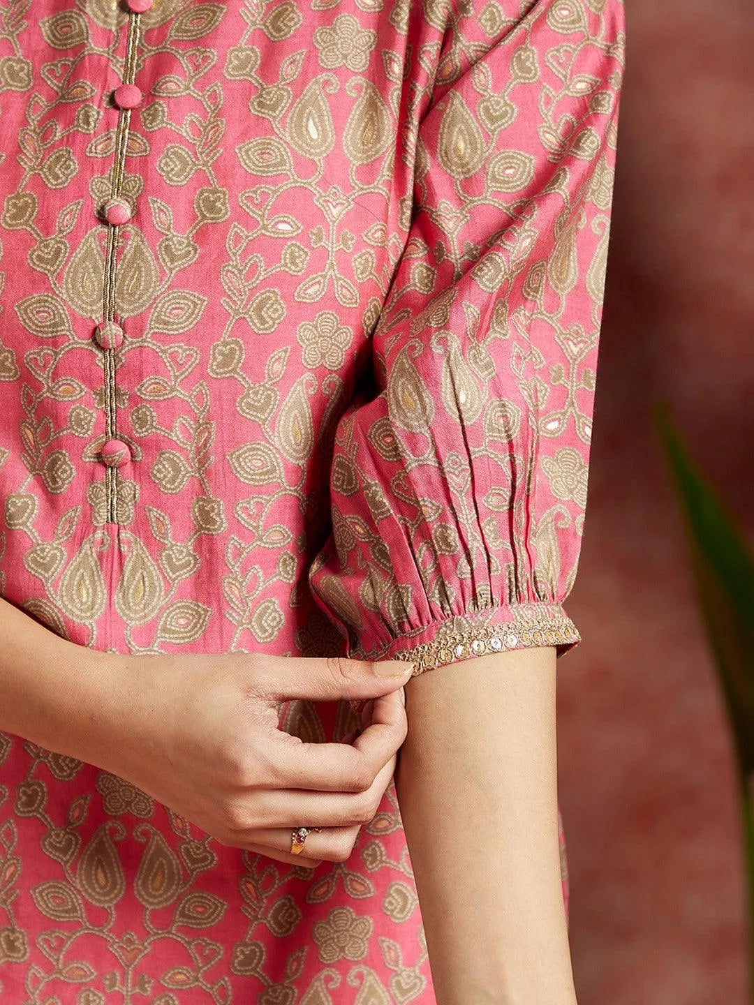 Pink Printed Silk Straight Kurta - Libas