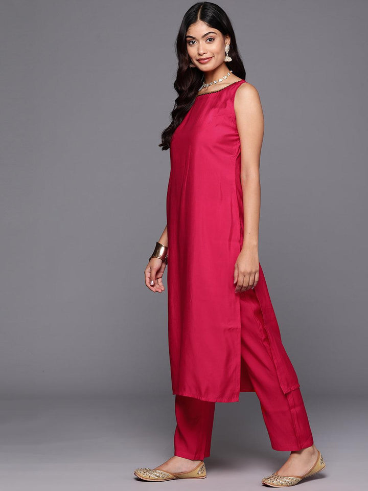 Pink Solid Silk Blend Straight Kurta With Trousers & Dupatta - Libas