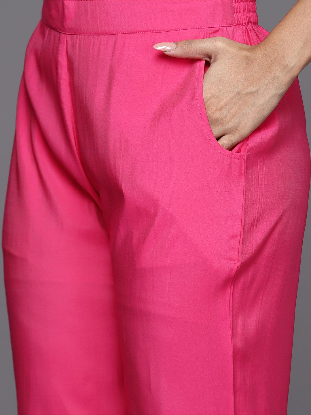 Pink Solid Silk Blend Straight Kurta With Trousers & Dupatta - Libas