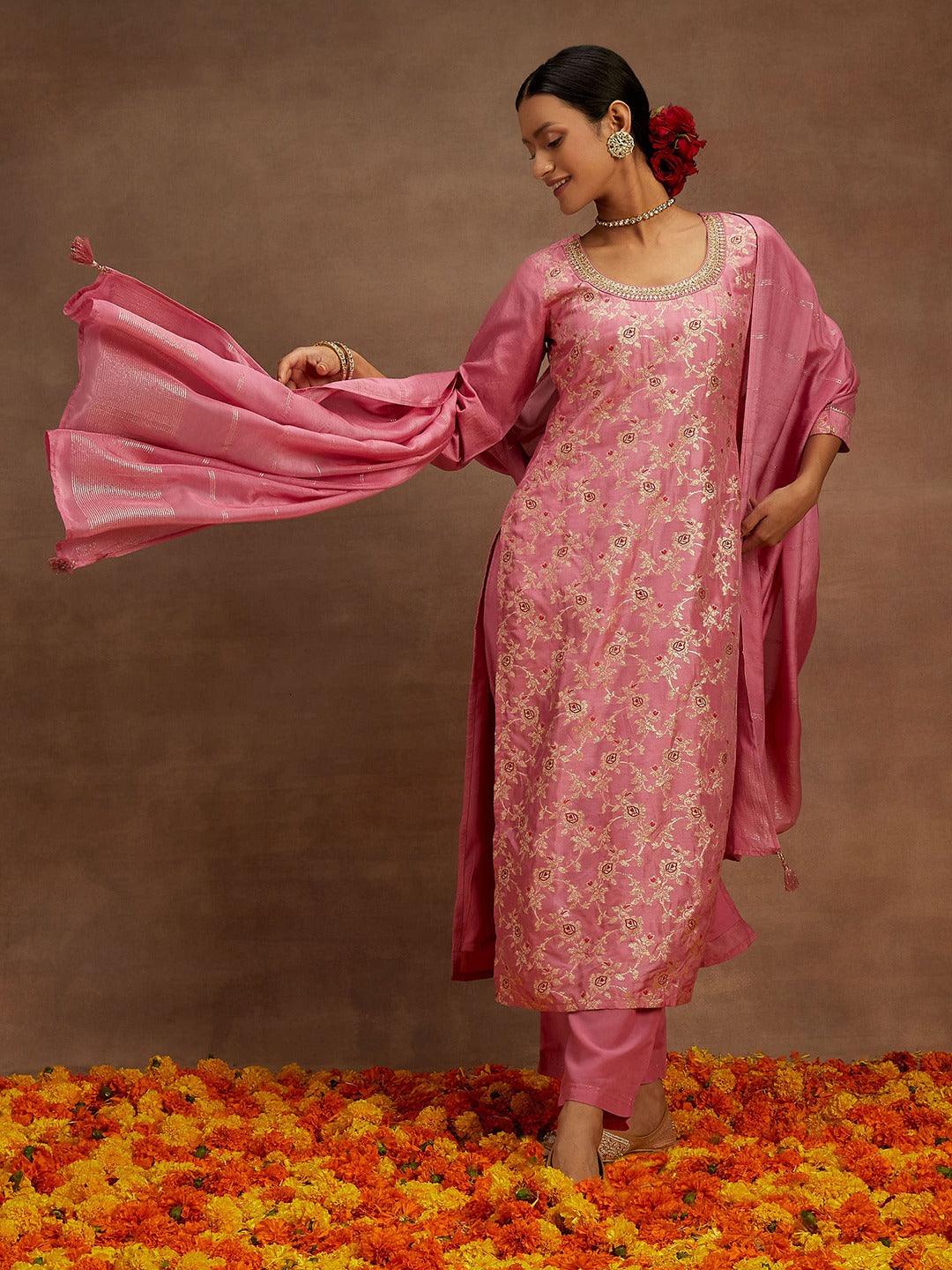 Pink Woven Design Silk Blend Straight Kurta With Trousers & Dupatta - Libas 