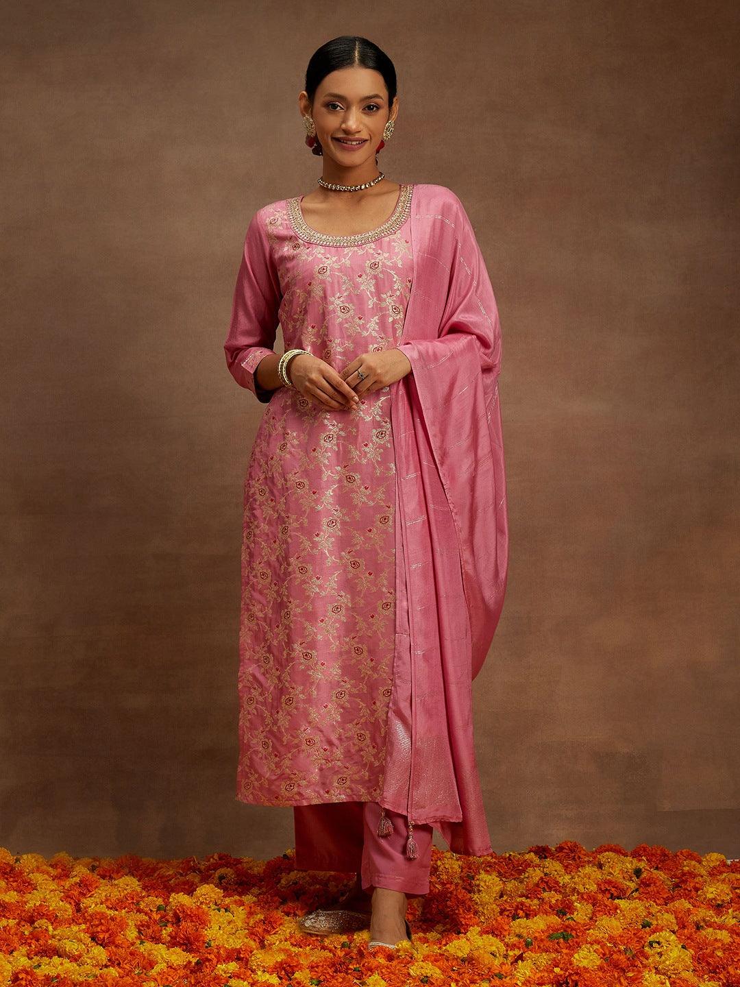 Pink Woven Design Silk Blend Straight Kurta With Trousers & Dupatta - Libas 