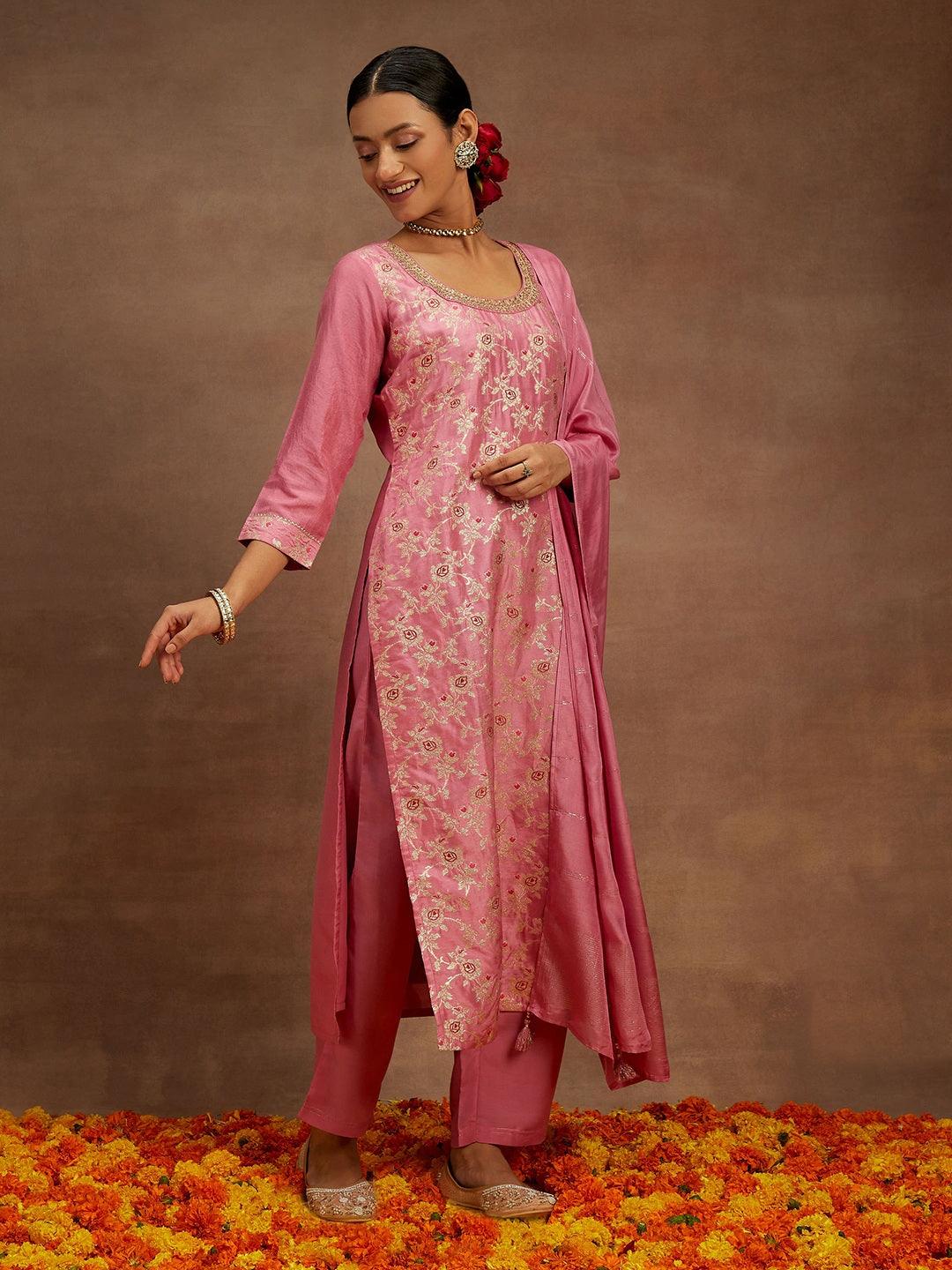 Pink Woven Design Silk Blend Straight Kurta With Trousers & Dupatta - Libas 