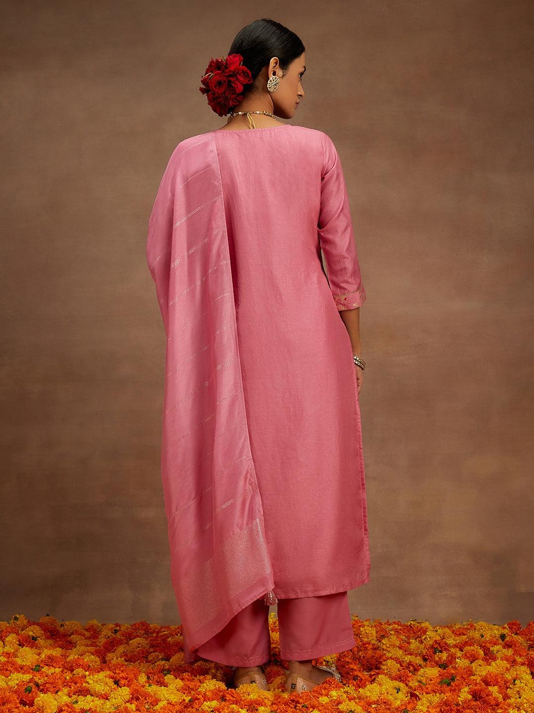 Pink Woven Design Silk Blend Straight Kurta With Trousers & Dupatta - Libas 