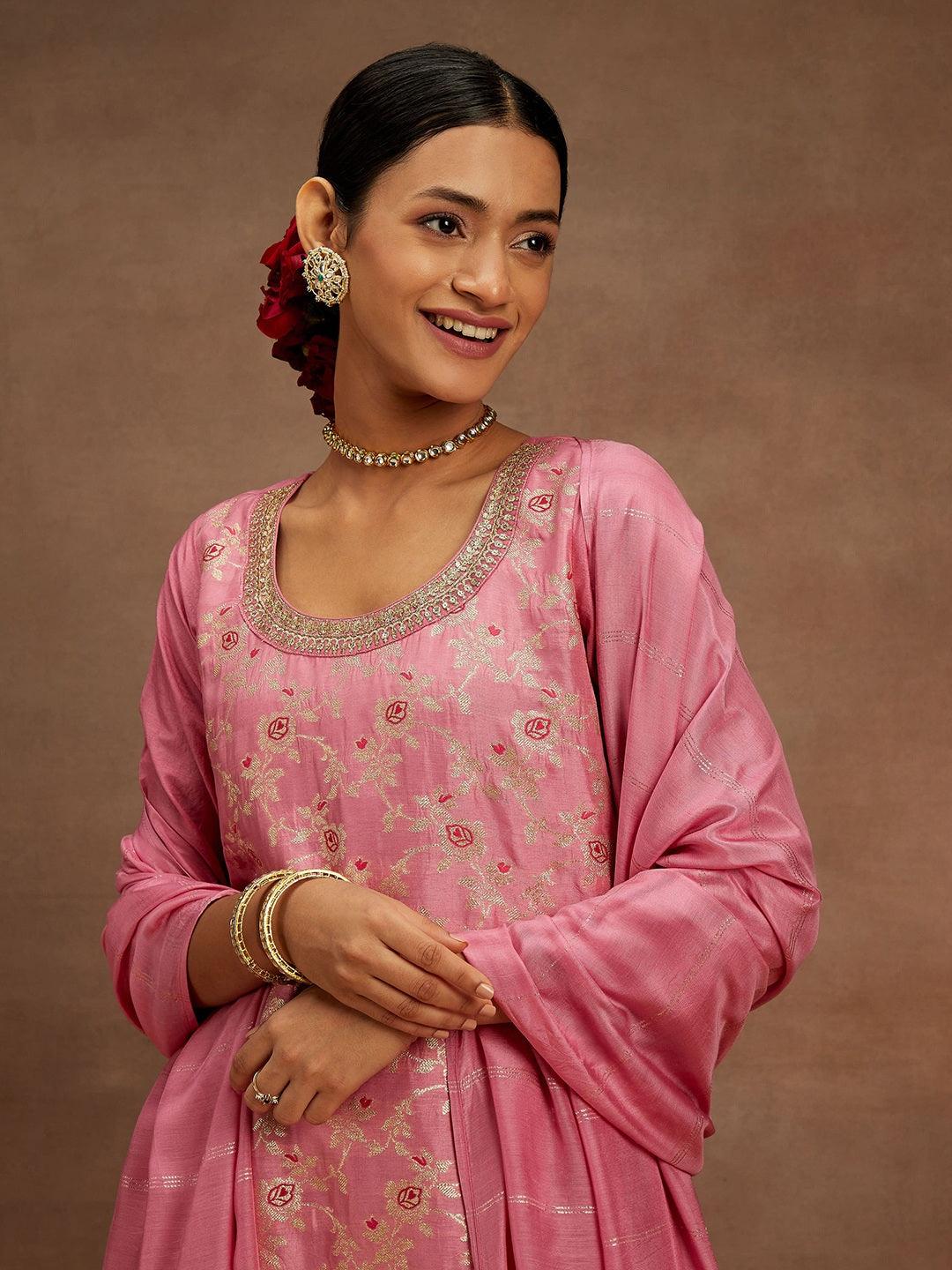 Pink Woven Design Silk Blend Straight Kurta With Trousers & Dupatta - Libas 