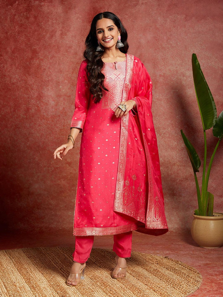 Pink Woven Design Silk Straight Kurta With Trousers & Dupatta - Libas