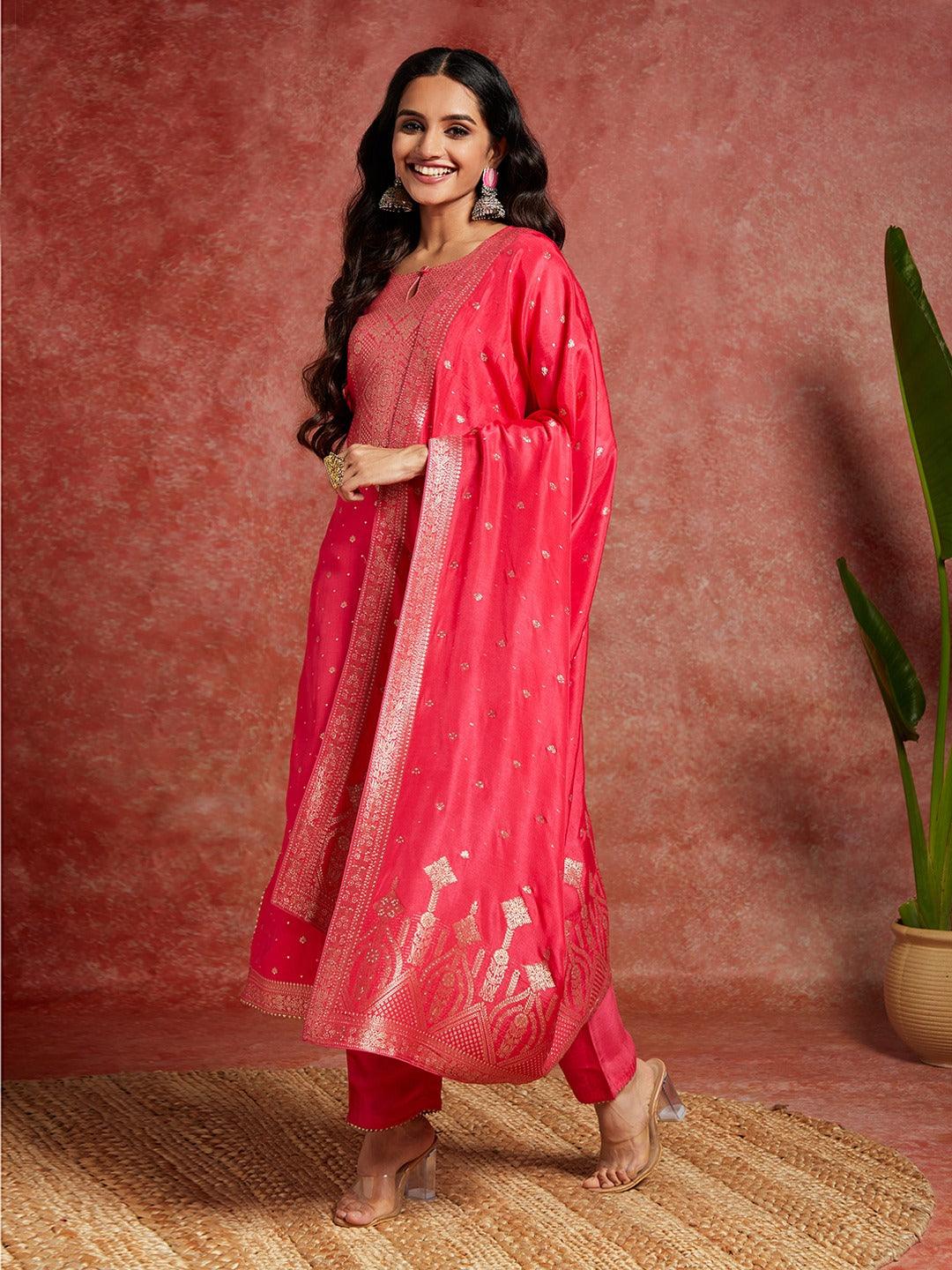 Pink Woven Design Silk Straight Kurta With Trousers & Dupatta - Libas