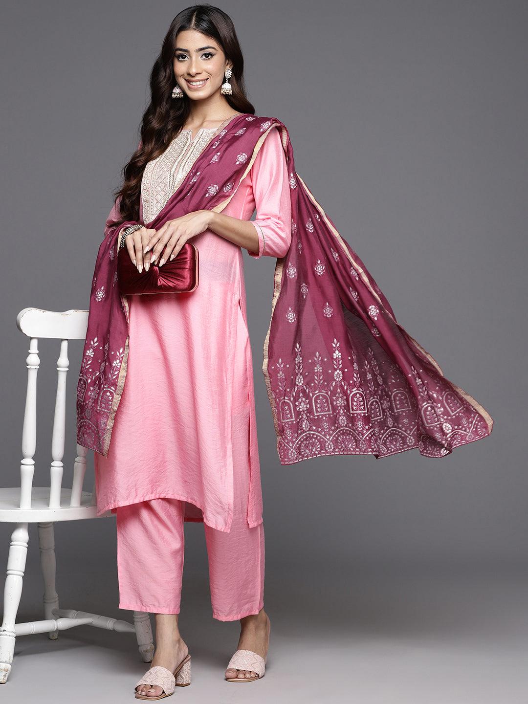 Pink Yoke Design Silk Blend Straight Kurta With Trousers & Dupatta - Libas