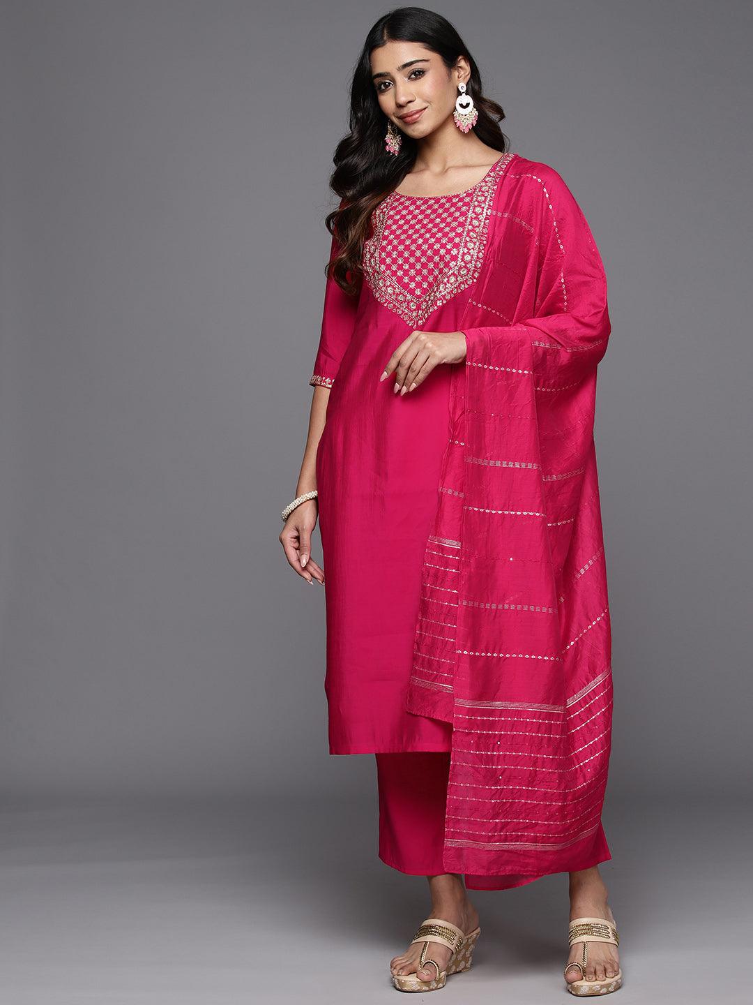 Pink Yoke Design Silk Blend Straight Kurta With Trousers & Dupatta - Libas 