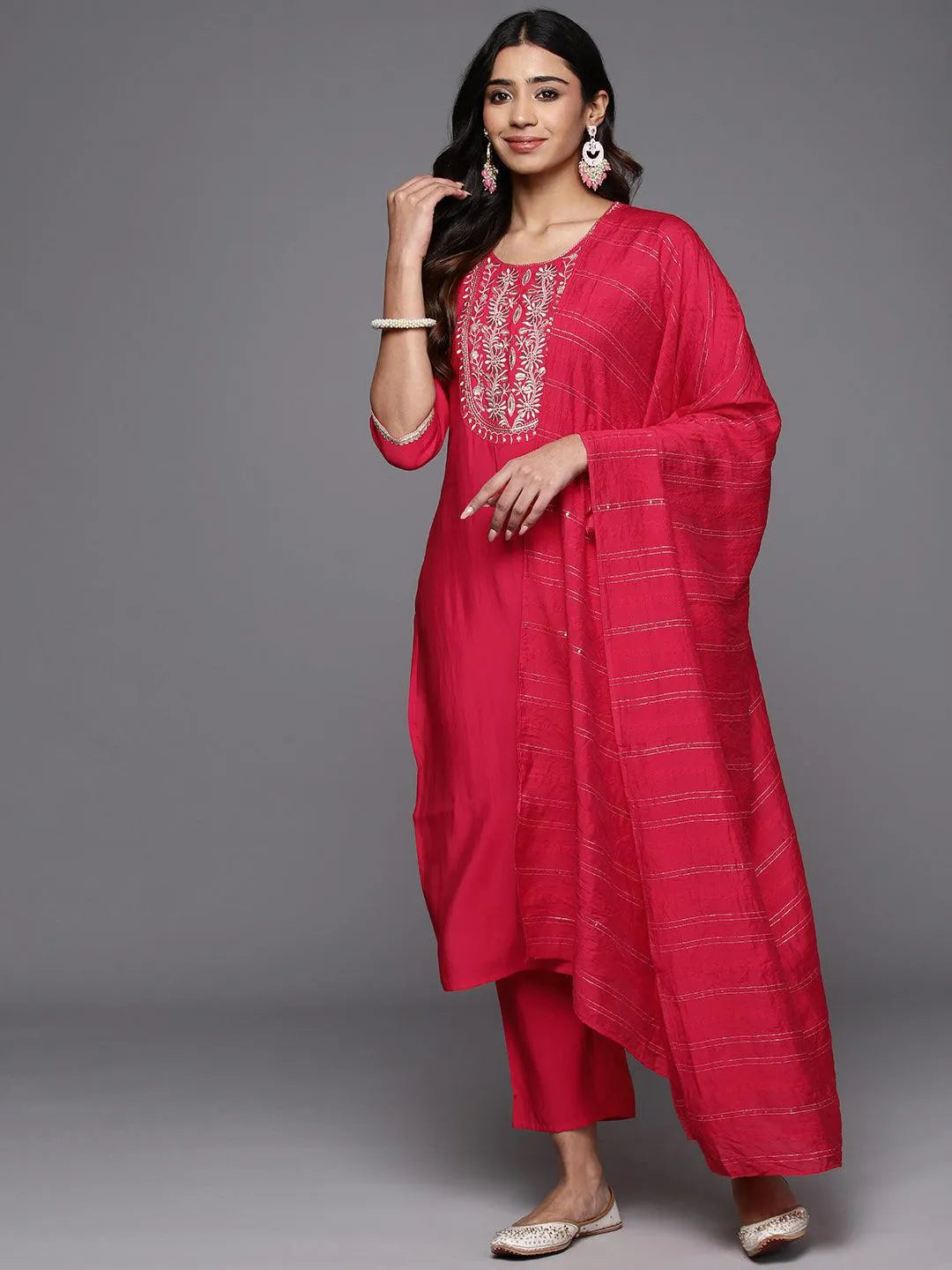 Pink Yoke Design Silk Blend Straight Kurta With Trousers & Dupatta - Libas