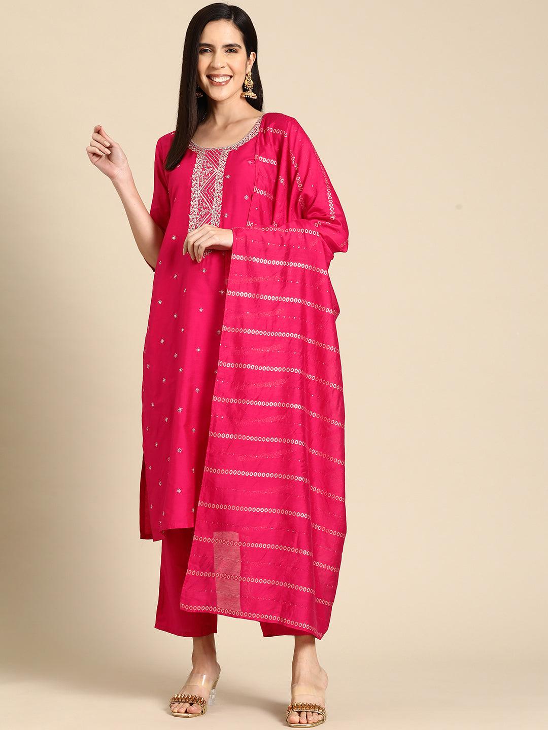 Pink Yoke Design Silk Blend Straight Kurta With Trousers & Dupatta - Libas