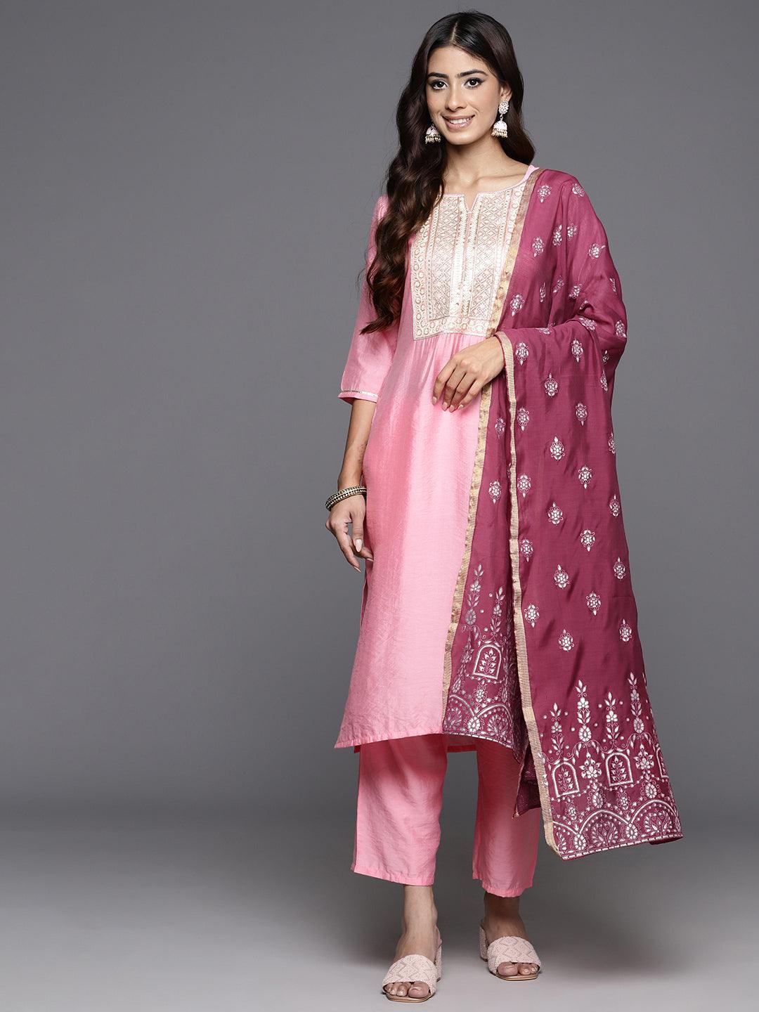 Pink Yoke Design Silk Blend Straight Kurta With Trousers & Dupatta - Libas 