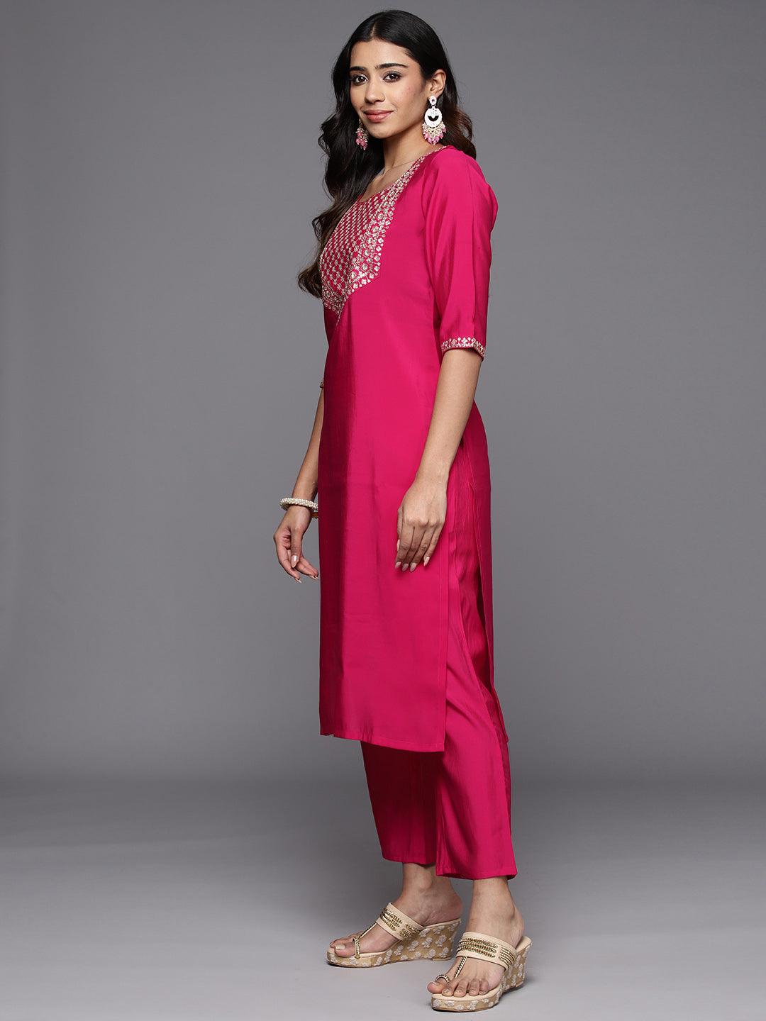 Pink Yoke Design Silk Blend Straight Kurta With Trousers & Dupatta - Libas 