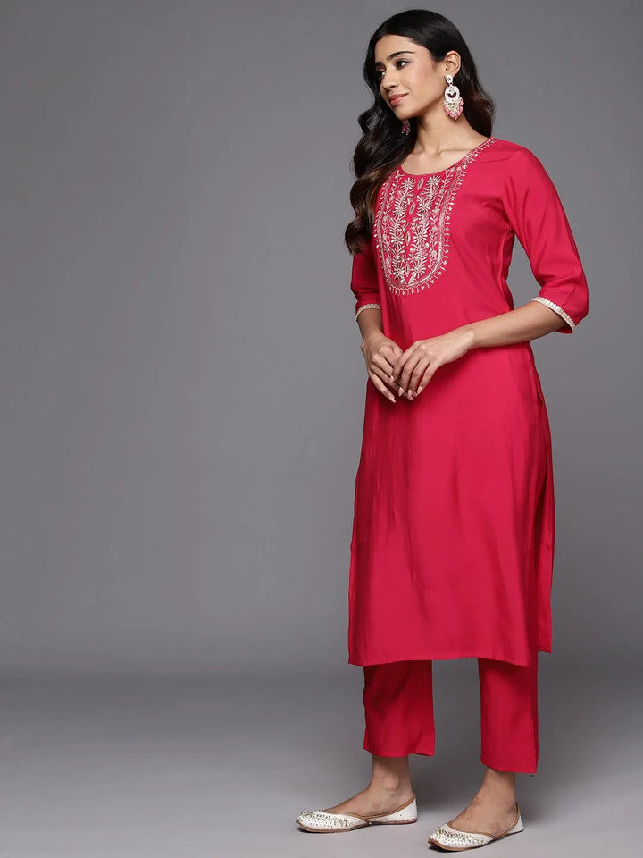 Pink Yoke Design Silk Blend Straight Kurta With Trousers & Dupatta - Libas