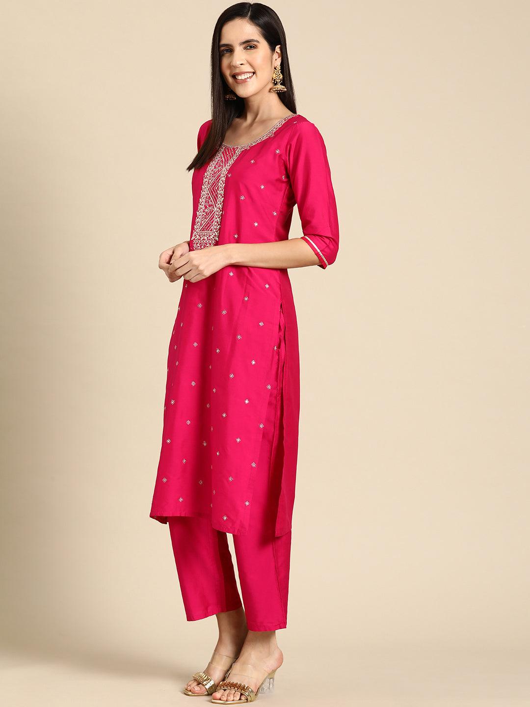 Pink Yoke Design Silk Blend Straight Kurta With Trousers & Dupatta - Libas 