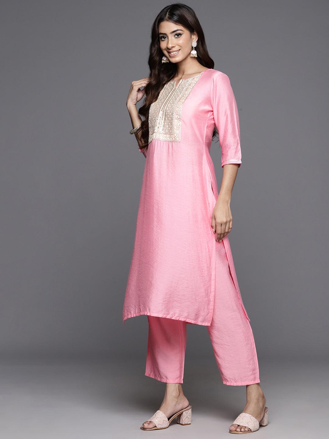 Pink Yoke Design Silk Blend Straight Kurta With Trousers & Dupatta - Libas 