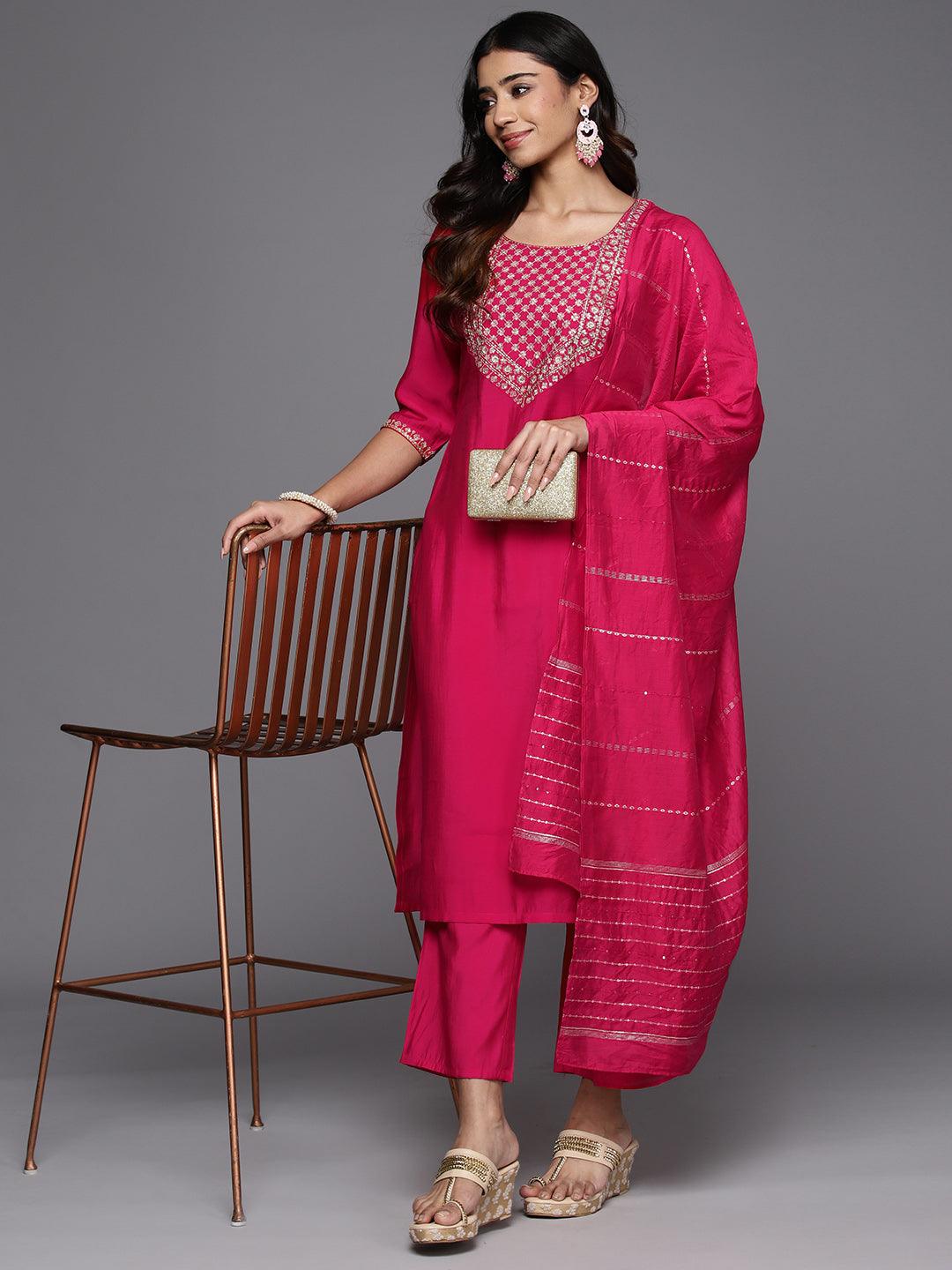 Pink Yoke Design Silk Blend Straight Kurta With Trousers & Dupatta - Libas 