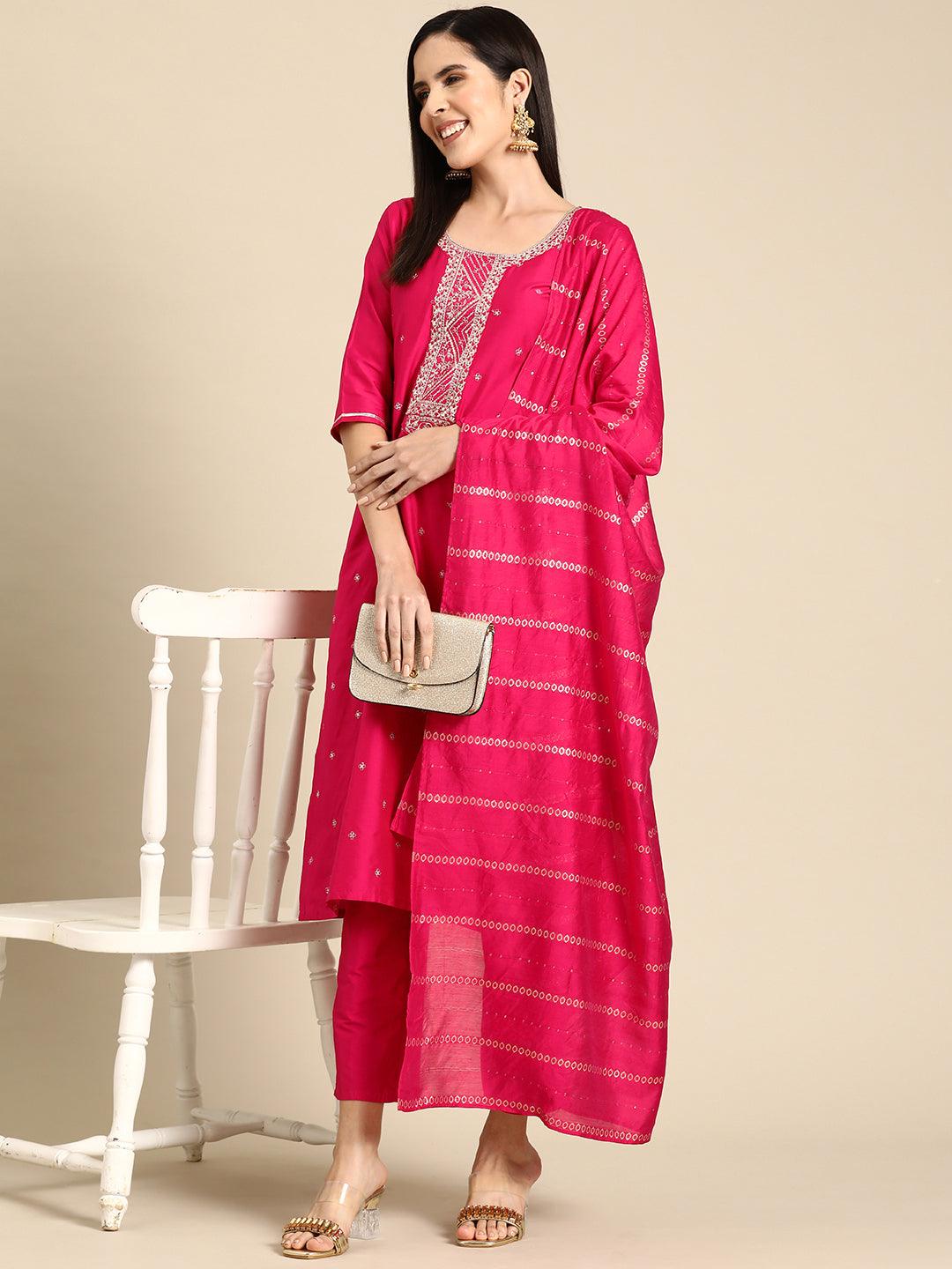 Pink Yoke Design Silk Blend Straight Kurta With Trousers & Dupatta - Libas 