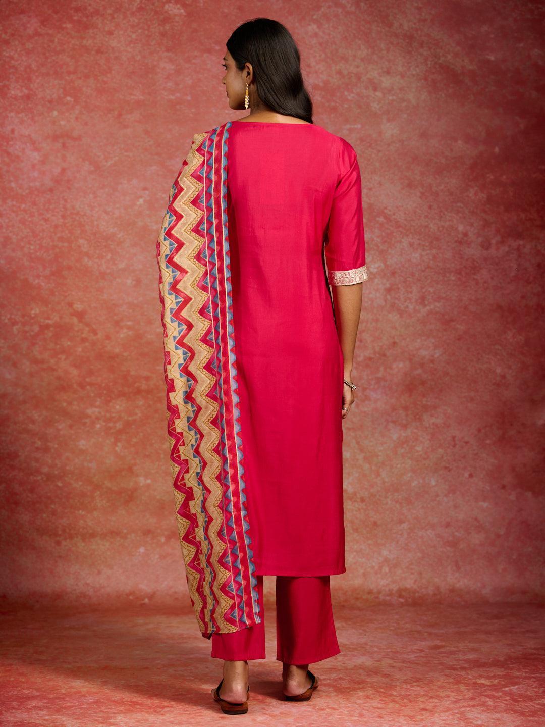 Pink Yoke Design Silk Blend Straight Kurta With Trousers & Dupatta - Libas